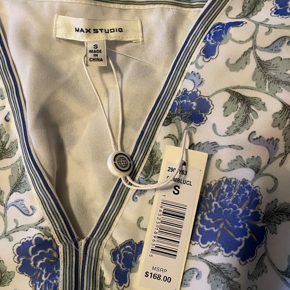 Women's MAX STUDIO Stretch White Blue Floral Smocked Waist Dress Size Small, NWT - Picture 8 of 10